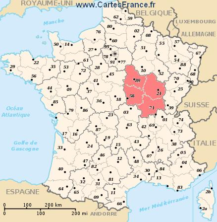 Localization of Bourgogne region on the map of France