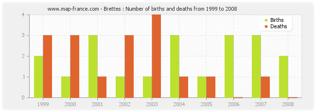 Brettes : Number of births and deaths from 1999 to 2008