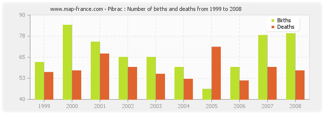 Pibrac : Number of births and deaths from 1999 to 2008