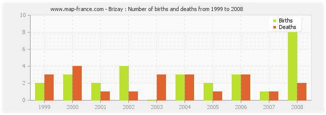 Brizay : Number of births and deaths from 1999 to 2008