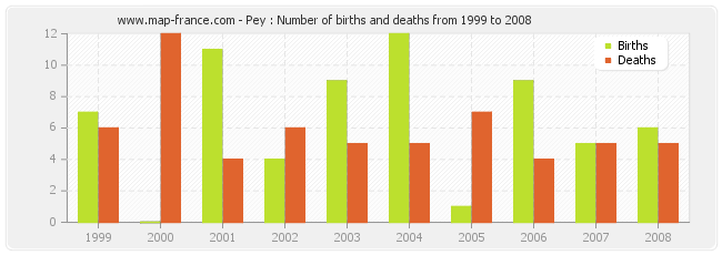 Pey : Number of births and deaths from 1999 to 2008