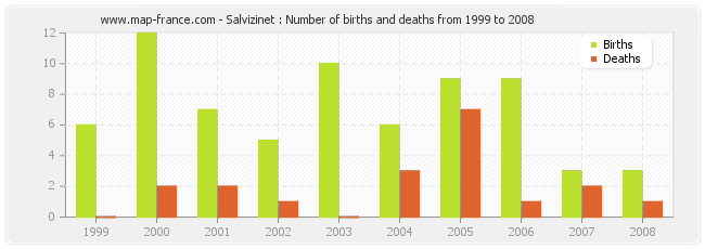 Salvizinet : Number of births and deaths from 1999 to 2008