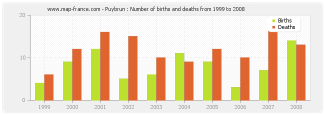 Puybrun : Number of births and deaths from 1999 to 2008