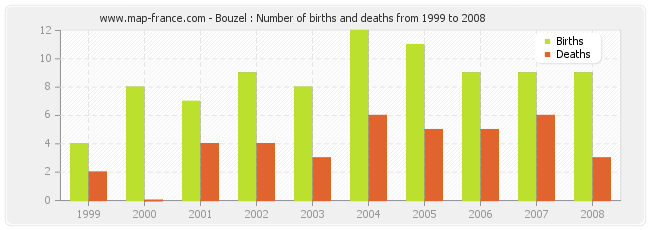Bouzel : Number of births and deaths from 1999 to 2008