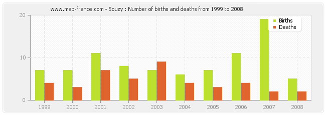 Souzy : Number of births and deaths from 1999 to 2008