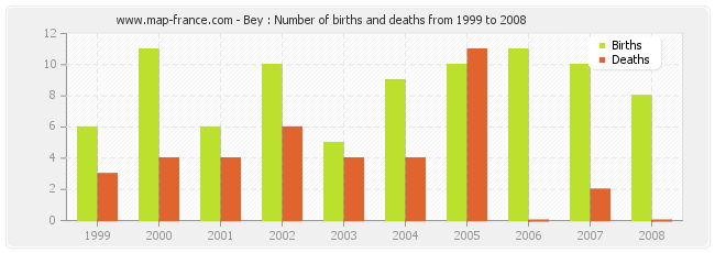 Bey : Number of births and deaths from 1999 to 2008