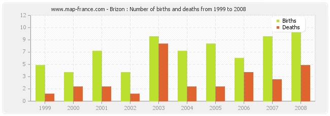 Brizon : Number of births and deaths from 1999 to 2008