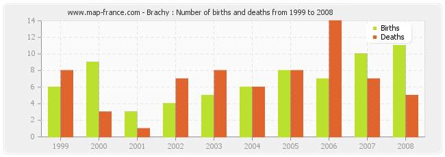 Brachy : Number of births and deaths from 1999 to 2008