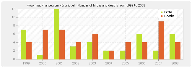 Bruniquel : Number of births and deaths from 1999 to 2008
