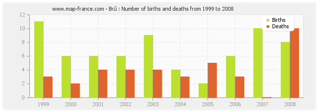 Brû : Number of births and deaths from 1999 to 2008