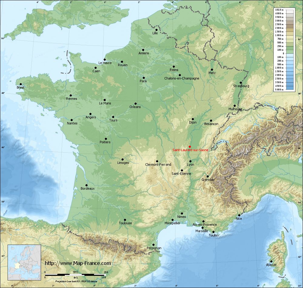 Carte du relief of Saint-Laurent-sur-Saône